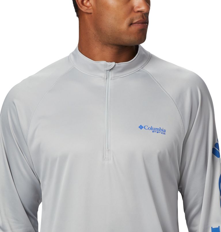 Men’s PFG Terminal Tackle 1/4 Zip Pullover, Color: Cool Grey, Vivid Blue Logo, image 3