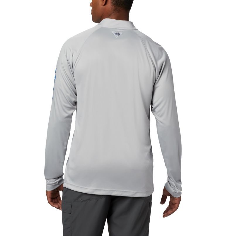 Men’s PFG Terminal Tackle 1/4 Zip Pullover, Color: Cool Grey, Vivid Blue Logo, image 2