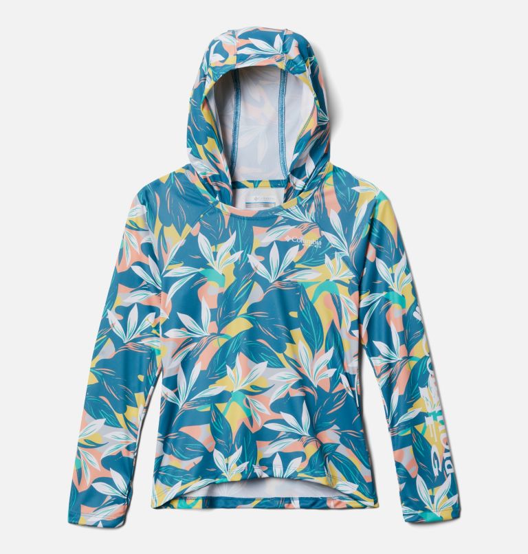 Girls' PFG Super Tidal Hoodie, Color: Electric Turquoise Hidden Paradise, image 1