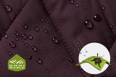 Close up of fabric with the Omni Shield logo in the bottom left and a graphic showing how moisture beads on the fabric's surface.