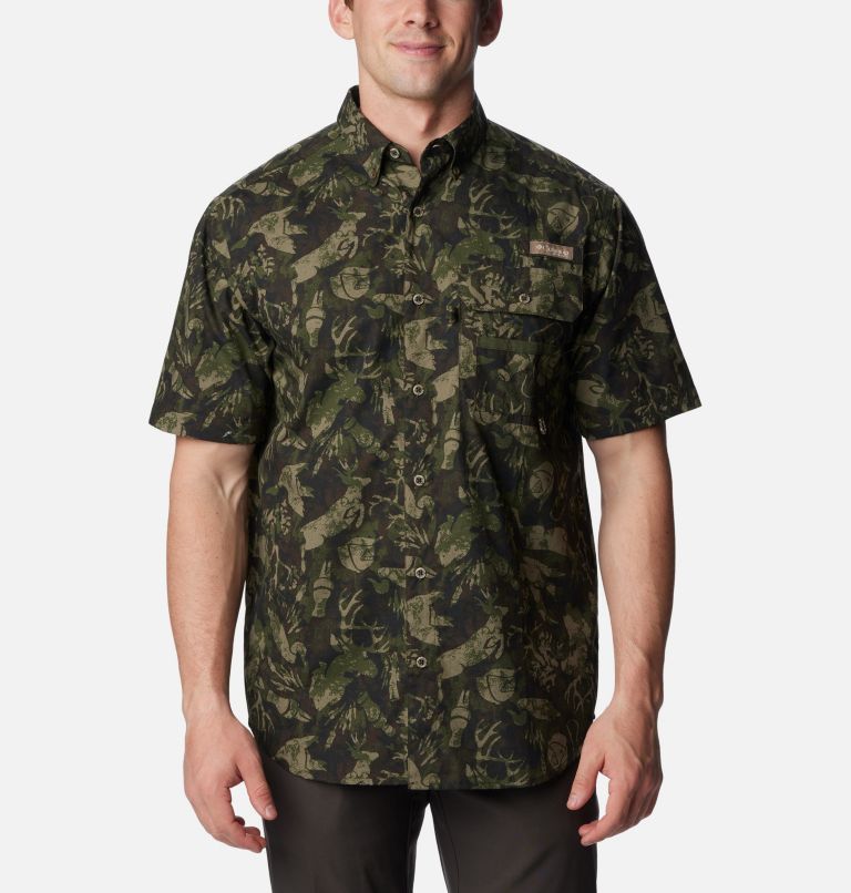 Men's PHG Super Sharptail Short Sleeve Shirt, Color: Surplus Green Woodsman Print, image 1