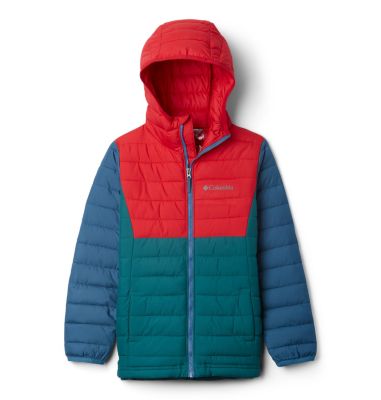 Powder Lite&trade; Boys Hooded Jacket Powder Lite&trade; Boys Hooded Jacket | 011 | XS, Pine Green, Mountain Red, Blue Heron, front