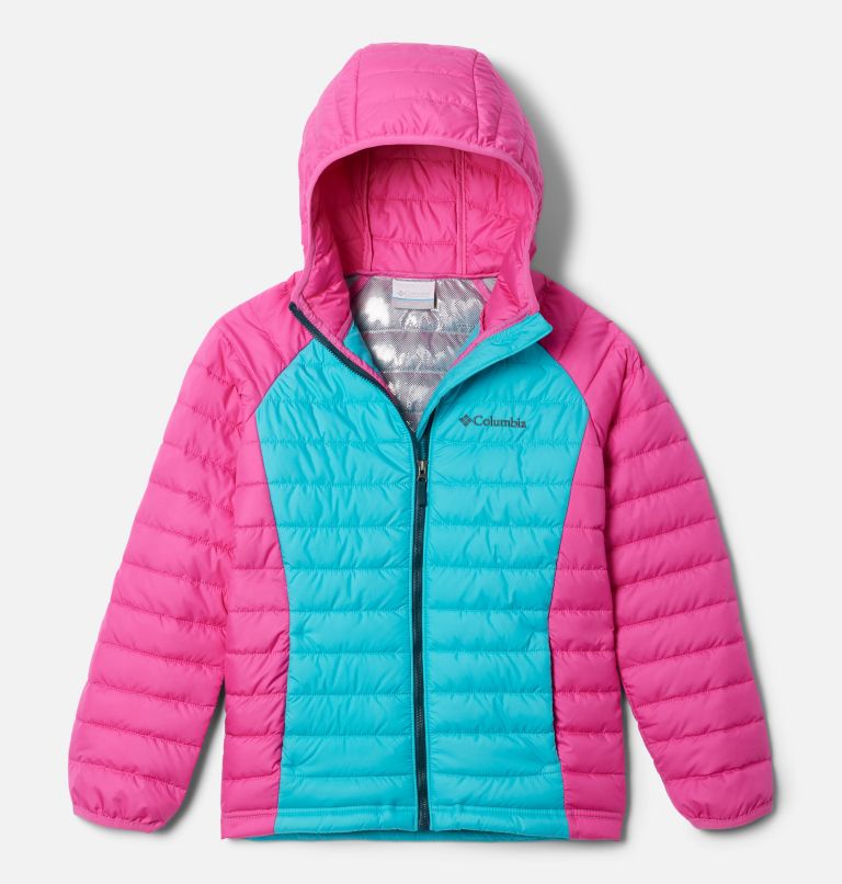 Powder Lite Girls Hooded Insulated Jacket, Color: Geyser, Pink Ice, image 1