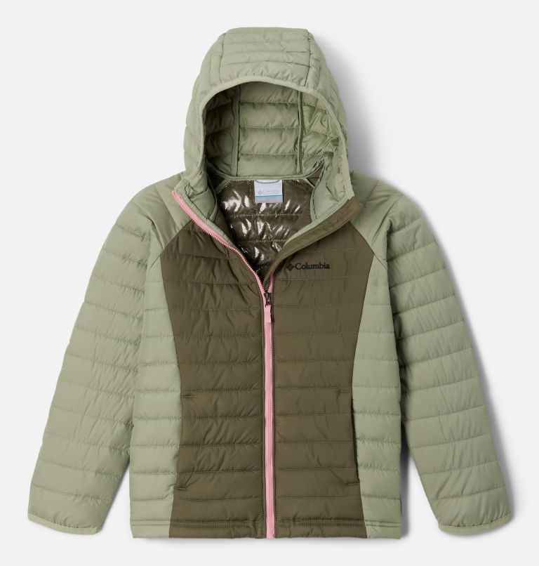 Powder Lite Girls Hooded Insulated Jacket, Color: Stone Green, Safari, image 1