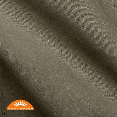 Close-up of fabric with the Omni Shade logo in the bottom left and a graphic showing how the tight fabric blocks UV rays. 