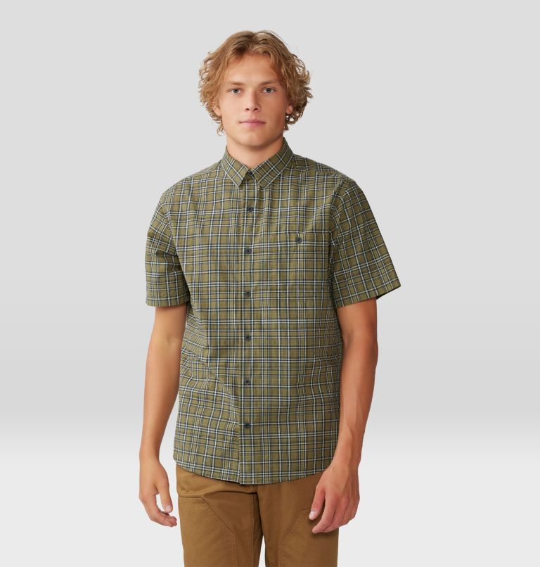 Men's Big Cottonwood Short Sleeve Shirt, Color: Combat Green Canopy Plaid, image 1