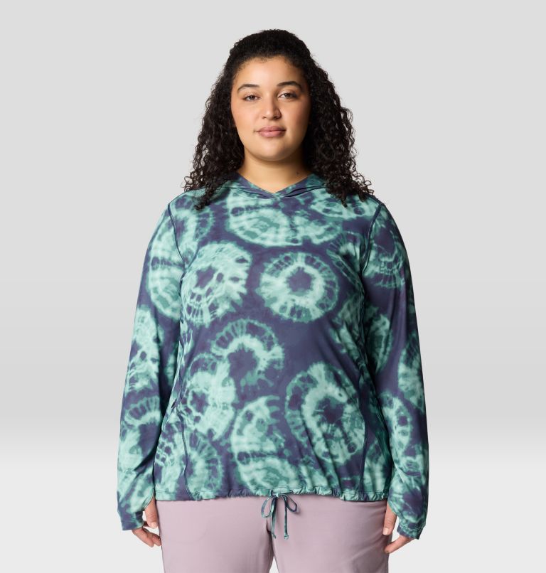 Women's Crater Lake Long Sleeve Hoody | 531 | 1X, Color: Lapis Dusk Spore Dye Print, image 1