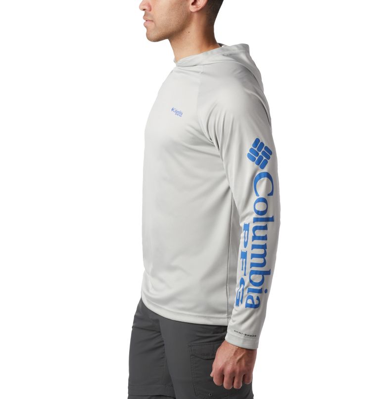 Men's PFG Terminal Tackle Heather Hoodie, Color: Cool Grey Heather, Vivid Blue Logo, image 3