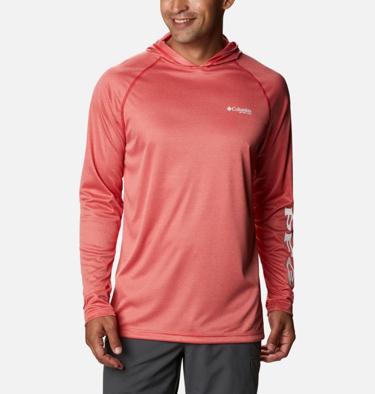 Thumbnail: Men's Terminal Tackle Heather Hoodie, Color: Red Spark Heather, White Logo, image 1