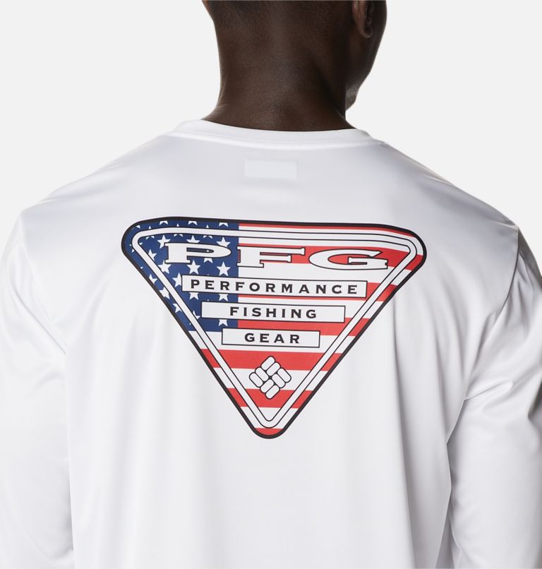 Thumbnail: Men's PFG Terminal Tackle State Triangle Long Sleeve Shirt - Tall, Color: White, USA Flag, image 5