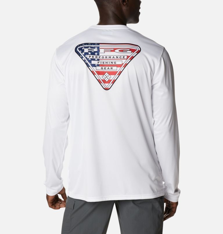 Thumbnail: Men's PFG Terminal Tackle State Triangle Long Sleeve Shirt - Tall, Color: White, USA Flag, image 1