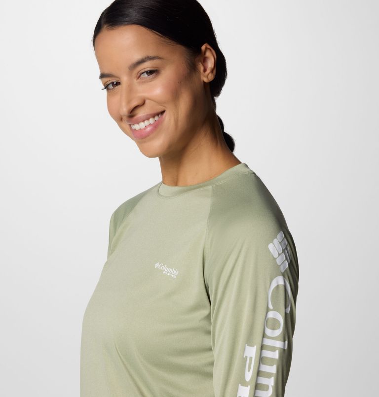 Women's PFG Tidal Tee Heather Long Sleeve Shirt, Color: Smokey Sage Heather, White Logo, image 4