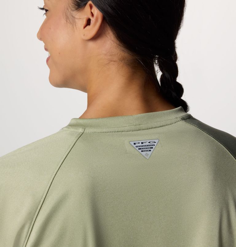Women's PFG Tidal Tee Heather Long Sleeve Shirt, Color: Smokey Sage Heather, White Logo, image 5