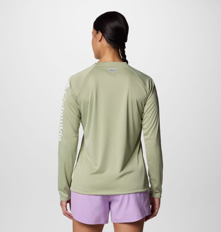Women's PFG Tidal Tee Heather Long Sleeve Shirt, Color: Smokey Sage Heather, White Logo, image 2