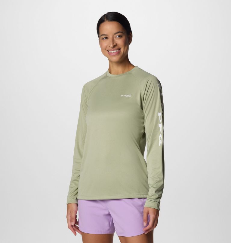 Women's PFG Tidal Tee Heather Long Sleeve Shirt, Color: Smokey Sage Heather, White Logo, image 1