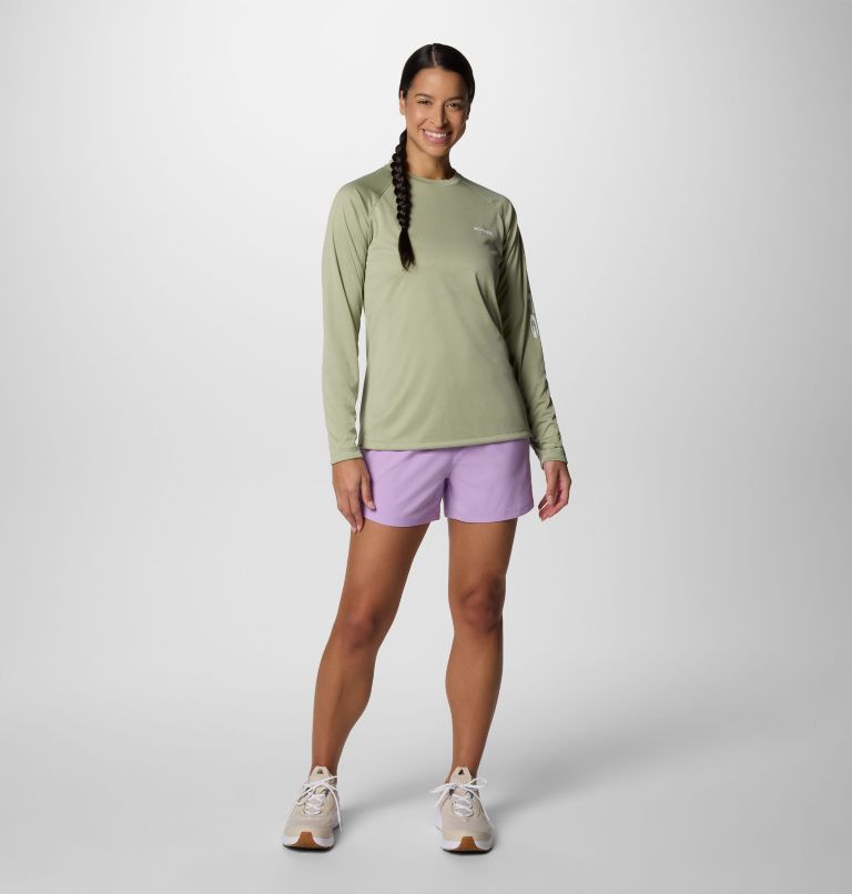 Women's PFG Tidal Tee Heather Long Sleeve Shirt, Color: Smokey Sage Heather, White Logo, image 6