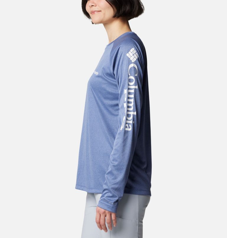 Women's PFG Tidal Tee Heather Long Sleeve Shirt, Color: Bluebell Heather, White Logo, image 3