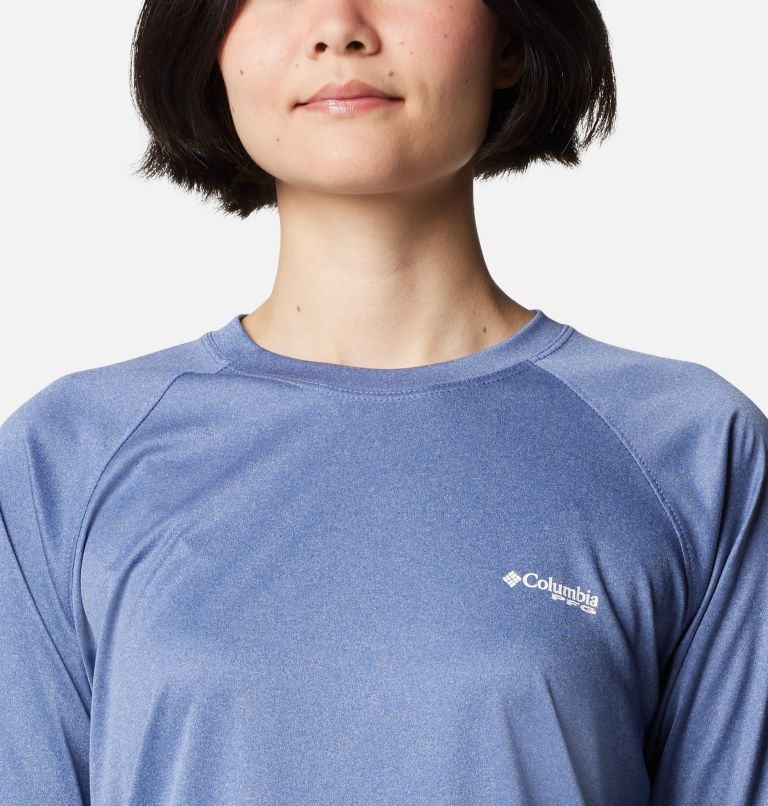 Women's PFG Tidal Tee Heather Long Sleeve Shirt, Color: Bluebell Heather, White Logo, image 4