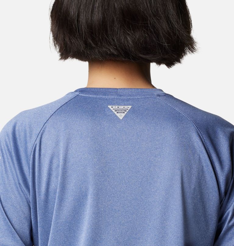 Women's PFG Tidal Tee Heather Long Sleeve Shirt, Color: Bluebell Heather, White Logo, image 5