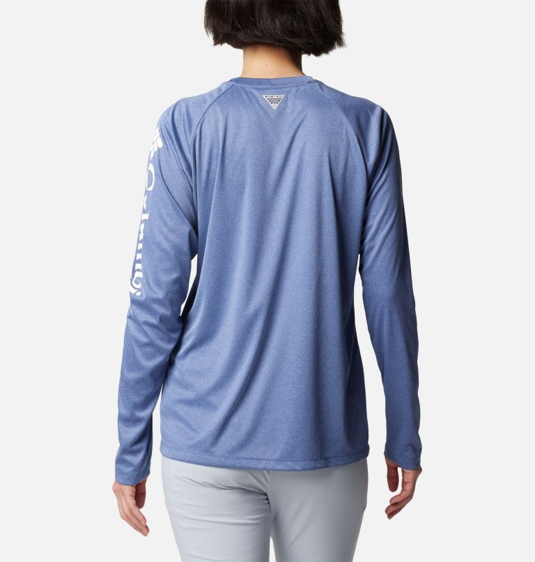 Women's PFG Tidal Tee Heather Long Sleeve Shirt, Color: Bluebell Heather, White Logo, image 2