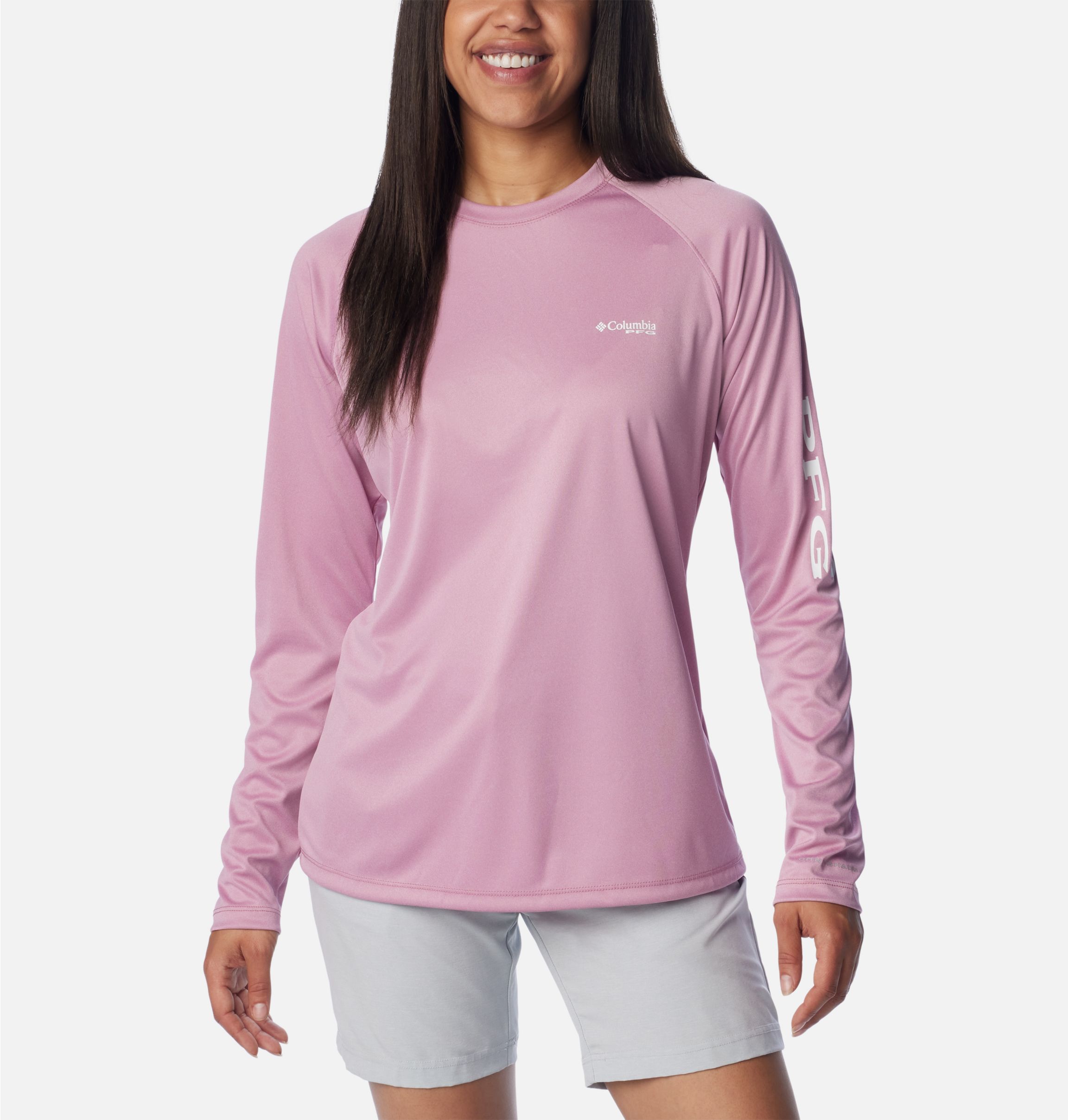 (取寄) コロンビア レディース タイダル ティー ヘザー ロング スリーブ Columbia women Tidal Tee Heather Long Sleeve Tiki Pink Heather/White Logo Women's Tidal Tee Heather Long Sleeve Shirt | Columbia