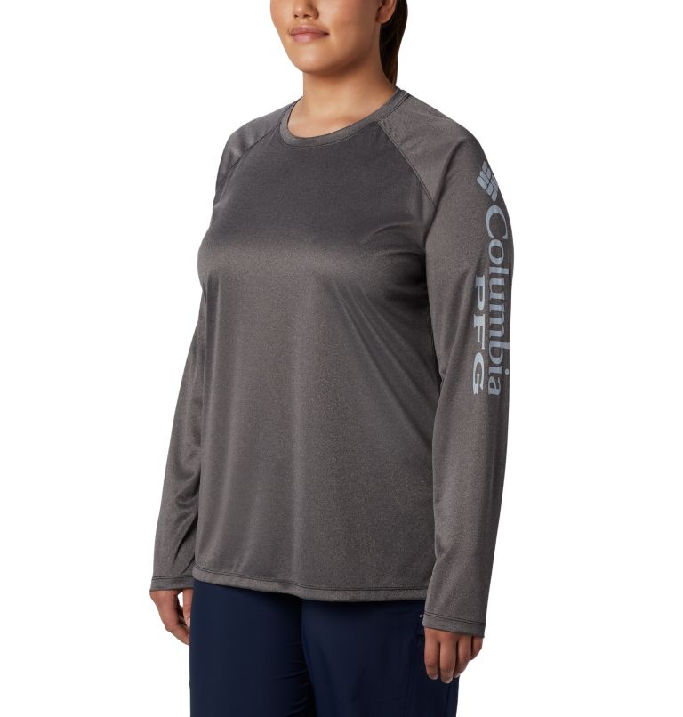 Women's Tidal Tee PFG Heather Long Sleeve - Plus Size, Color: Black Heather, Cirrus Grey Logo, image 1