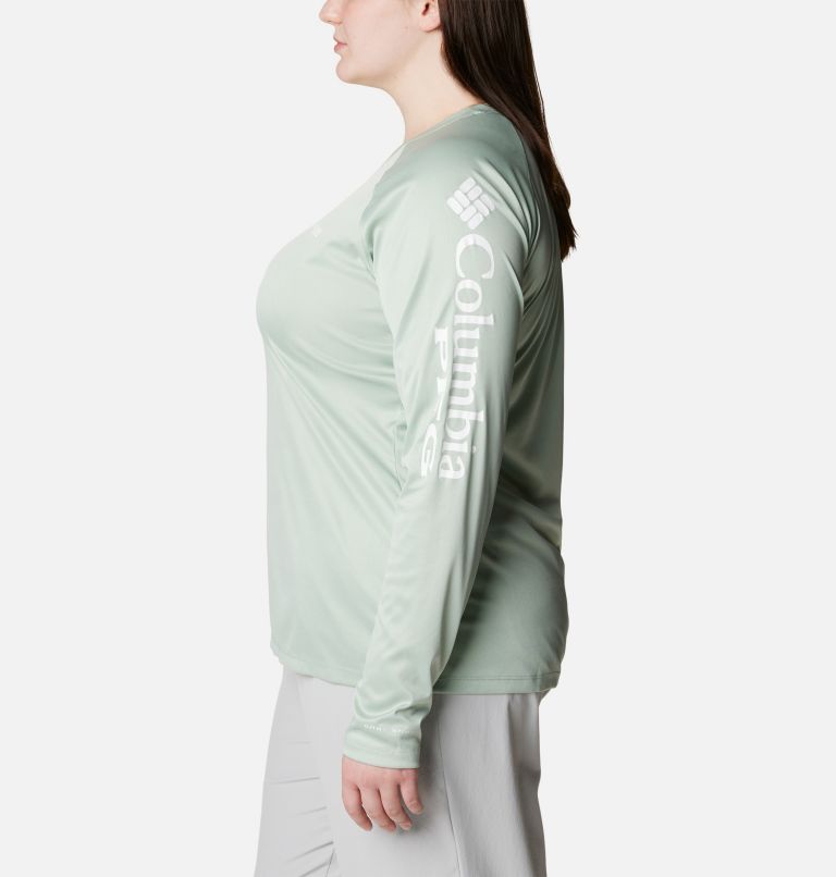 Women's Tidal Tee PFG Heather Long Sleeve - Plus Size, Color: Cool Green Heather, White Logo, image 3