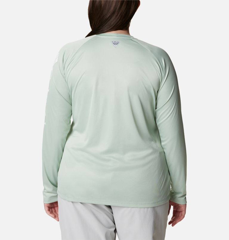 Women's Tidal Tee PFG Heather Long Sleeve - Plus Size, Color: Cool Green Heather, White Logo, image 2