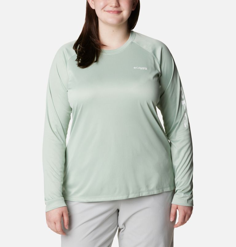 Thumbnail: Women's Tidal Tee PFG Heather Long Sleeve - Plus Size, Color: Cool Green Heather, White Logo, image 1