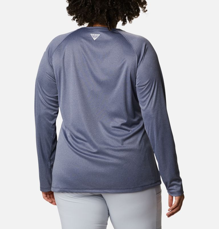 Thumbnail: Women's Tidal Tee PFG Heather Long Sleeve - Plus Size, Color: Collegiate Navy Heather, White Logo, image 2