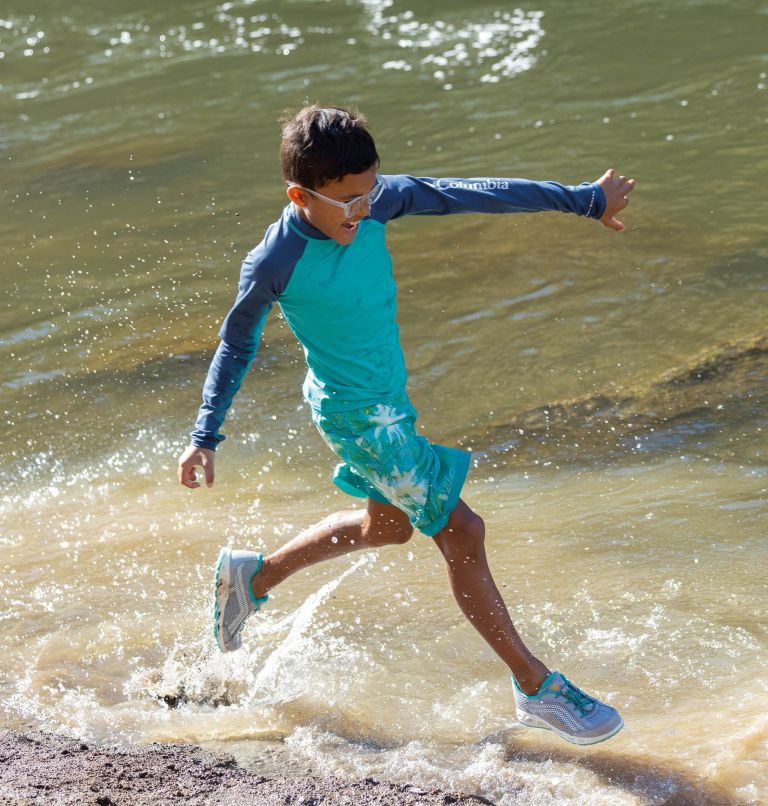 Kids’ Sandy Shores Long Sleeve Sunguard Shirt, Color: Bright Aqua, Dark Mountain, image 4