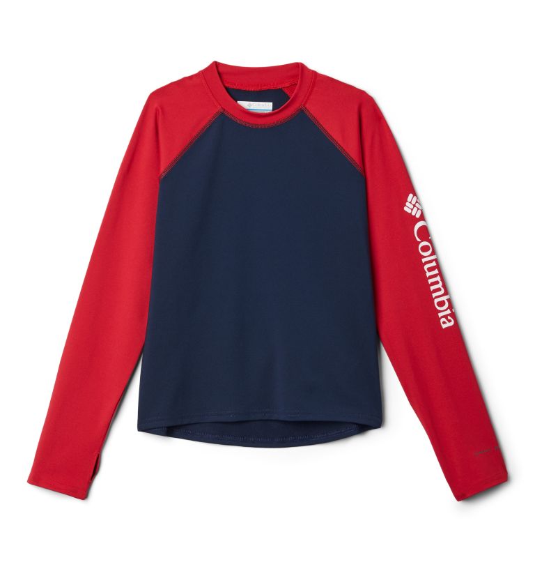 Thumbnail: Kids’ Sandy Shores Long Sleeve Sunguard Shirt, Color: Collegiate Navy, Mountain Red, image 1