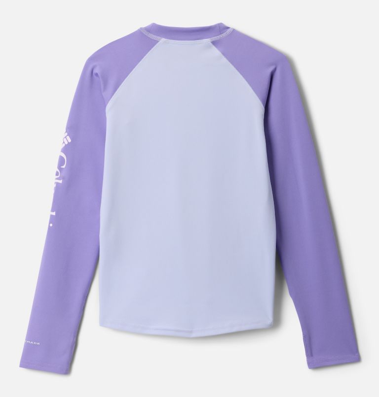 Kids’ Sandy Shores Long Sleeve Sunguard Shirt, Color: Snowdrift, Paisley Purple, image 2