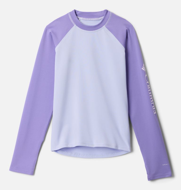 Kids’ Sandy Shores Long Sleeve Sunguard Shirt, Color: Snowdrift, Paisley Purple, image 1
