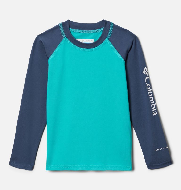 Thumbnail: Kids' Toddler Sandy Shores Long Sleeve Sunguard Shirt, Color: Bright Aqua, Dark Mountain, image 1