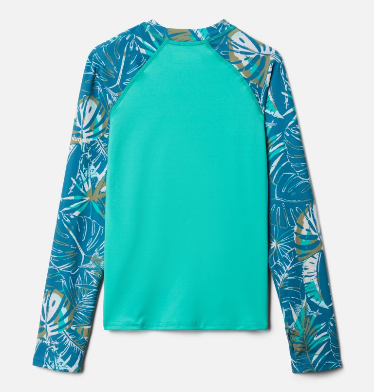Kids’ Sandy Shores Printed Long Sleeve Sunguard Shirt, Color: Electric Turquoise, Deep Marine King Pal, image 2