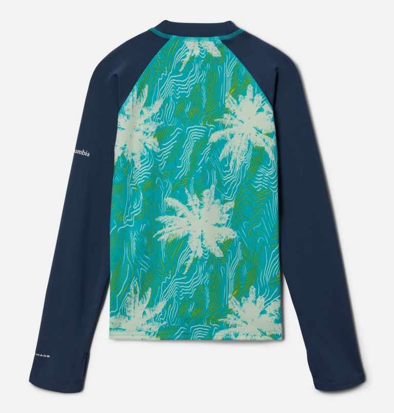 Kids’ Sandy Shores Printed Long Sleeve Sunguard Shirt, Color: Bright Aqua Topo Palms, Dark Mountain, image 2
