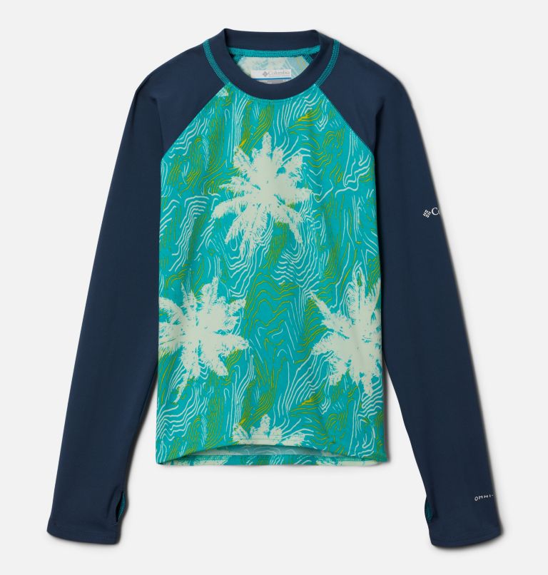 Kids’ Sandy Shores Printed Long Sleeve Sunguard Shirt, Color: Bright Aqua Topo Palms, Dark Mountain, image 1
