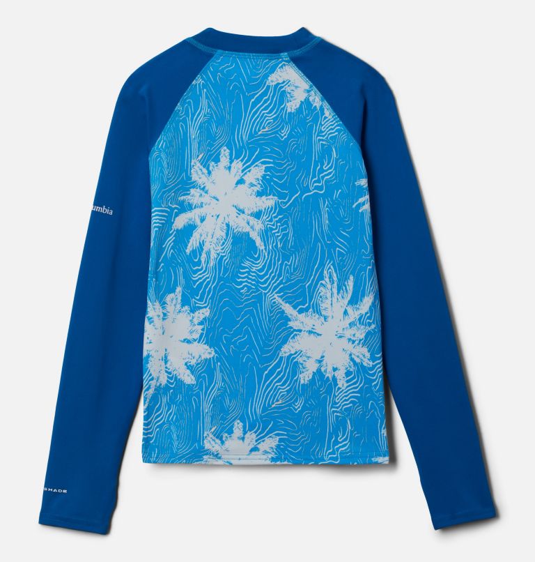 Kids’ Sandy Shores Printed Long Sleeve Sunguard Shirt, Color: Compass Blue Topo Palms, Bright Indigo, image 2