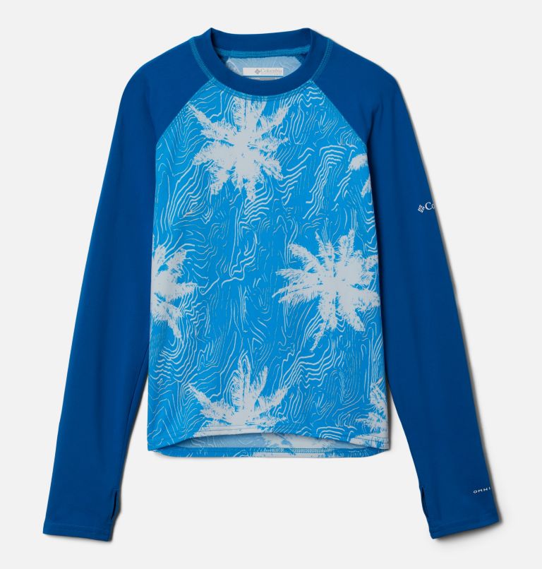 Kids’ Sandy Shores Printed Long Sleeve Sunguard Shirt, Color: Compass Blue Topo Palms, Bright Indigo, image 1