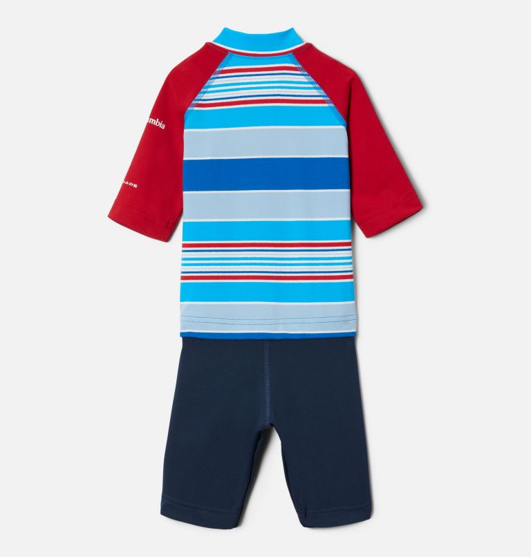 Thumbnail: Toddler Sandy Shores Sunguard Suit, Color: Bright Indigo Danby Stripe, Mountain Red, image 2