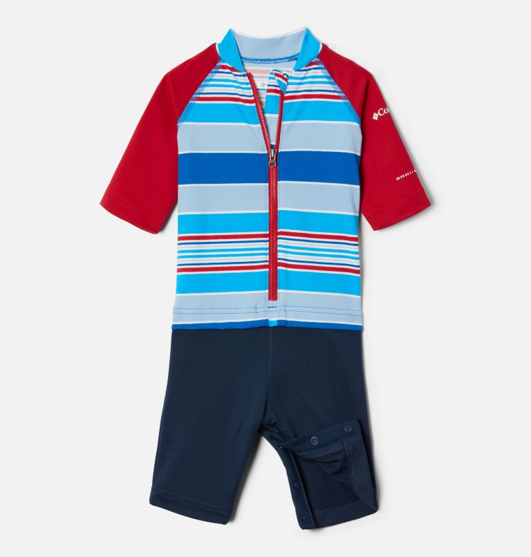 Thumbnail: Toddler Sandy Shores Sunguard Suit, Color: Bright Indigo Danby Stripe, Mountain Red, image 1