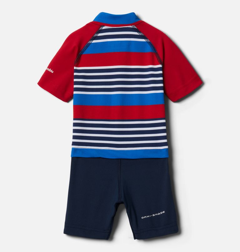 Thumbnail: Infant Sandy Shores Sunguard Suit, Color: Collegiate Navy Milo Stripe, Mtn Red, image 2
