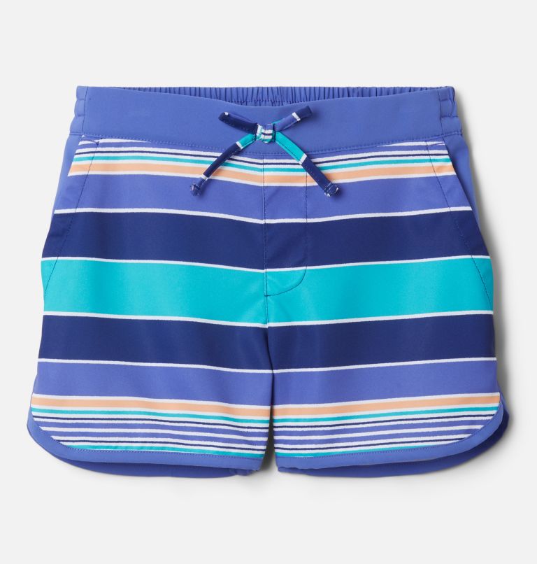 Thumbnail: Girls' Sandy Shores Board Shorts, Color: Dark Sapphire Danby Stripe, Purple Lotus, image 1