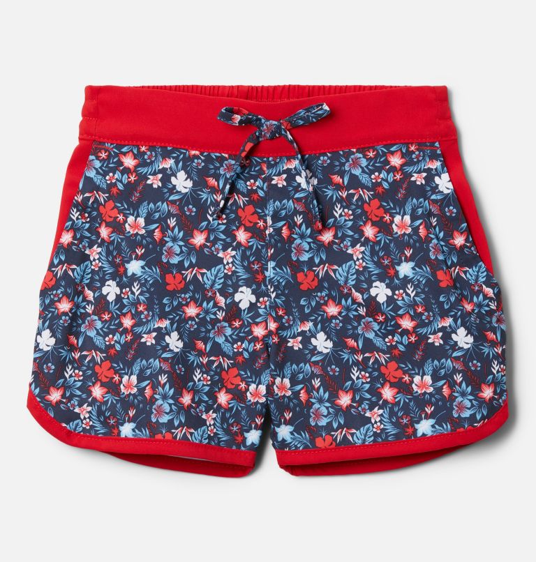 Girls' Toddler Sandy Shores Board Shorts, Color: Nocturnal Mini-Biscus, Red LIly, image 1