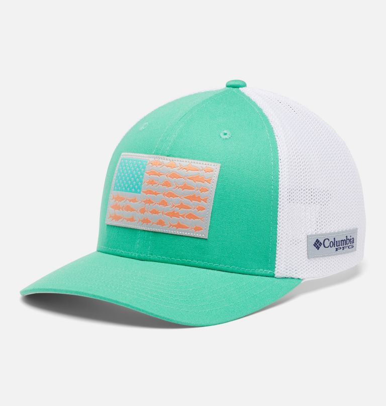 Thumbnail: PFG Fish Flag Mesh Ball Cap - High Crown, Color: Electric Turquoise, White, Cool Grey, image 1