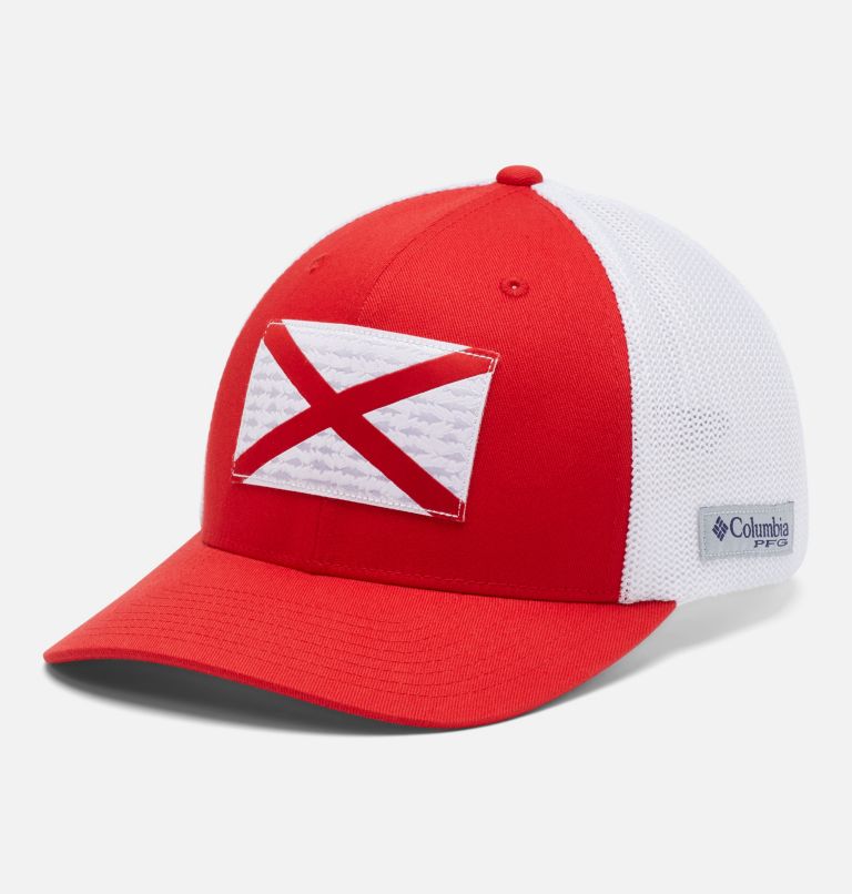 PFG Fish Flag Mesh Ball Cap - High Crown, Color: Red Spark, Alabama Flag