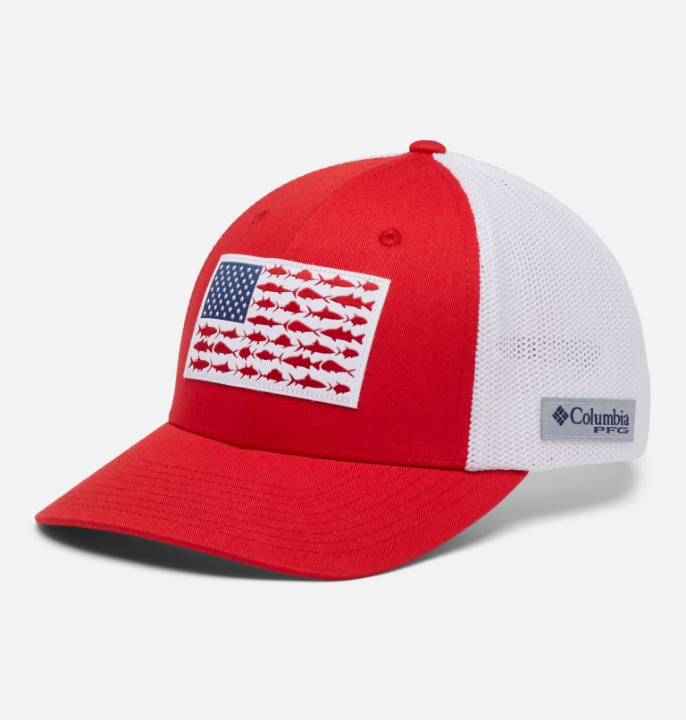PFG Fish Flag Mesh Ball Cap - Mid Crown, Color: Red Spark, White, US Fish