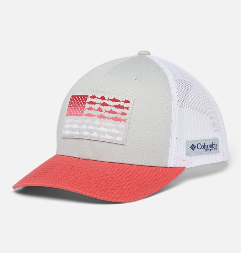 PFG Fish Flag Mesh Snap Back - High | 020 | O/S, Color: Cool Grey, White, Red Hibiscus, image 1