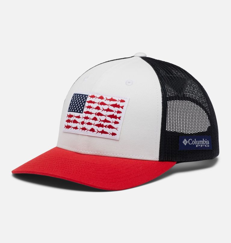 PFG Fish Flag Mesh Snap Back - Mid | 103 | O/S, Color: White, Collegiate Navy, Red Spark, image 1